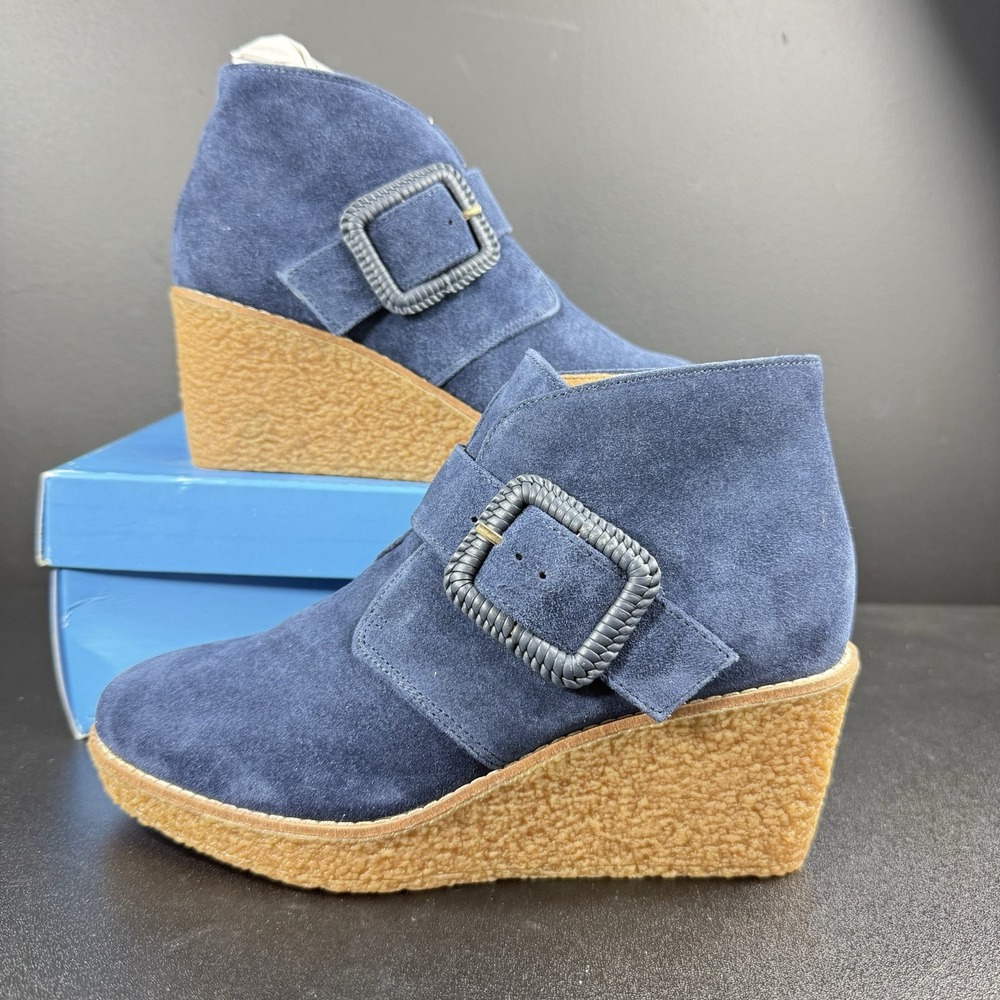 Jack Rogers Izzie Suede Wedge‎ Boot Bootie Midnight Blue Buckle Women's Size 6.5